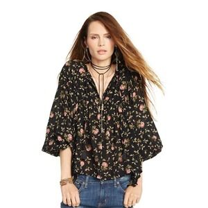 Denim & Supply Ralph Lauren Blouse Womens Black Floral Boho Tie-Neck Peasant L